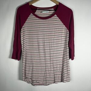 Maurices Shirt Women Small Pink Striped Crewneck 3/4 Sleeve Blouse Baseball Top‎